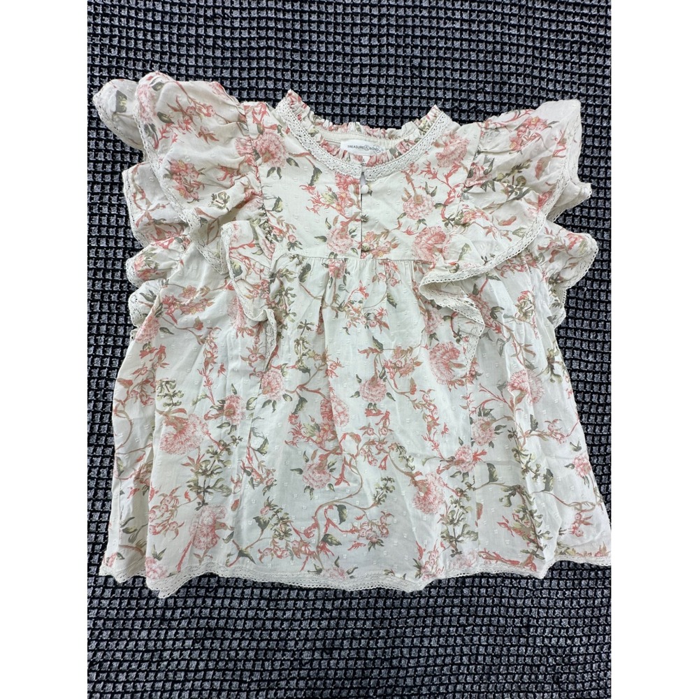 Treasure & Bond Floral Ruffle Top Girls XL Cream Pink Excellent Lace Swiss Dot